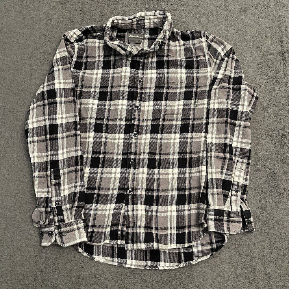 Eddie Bauer Flannel Shirt Mens Medium Black Gray Button Up Southwestern Slim Fit